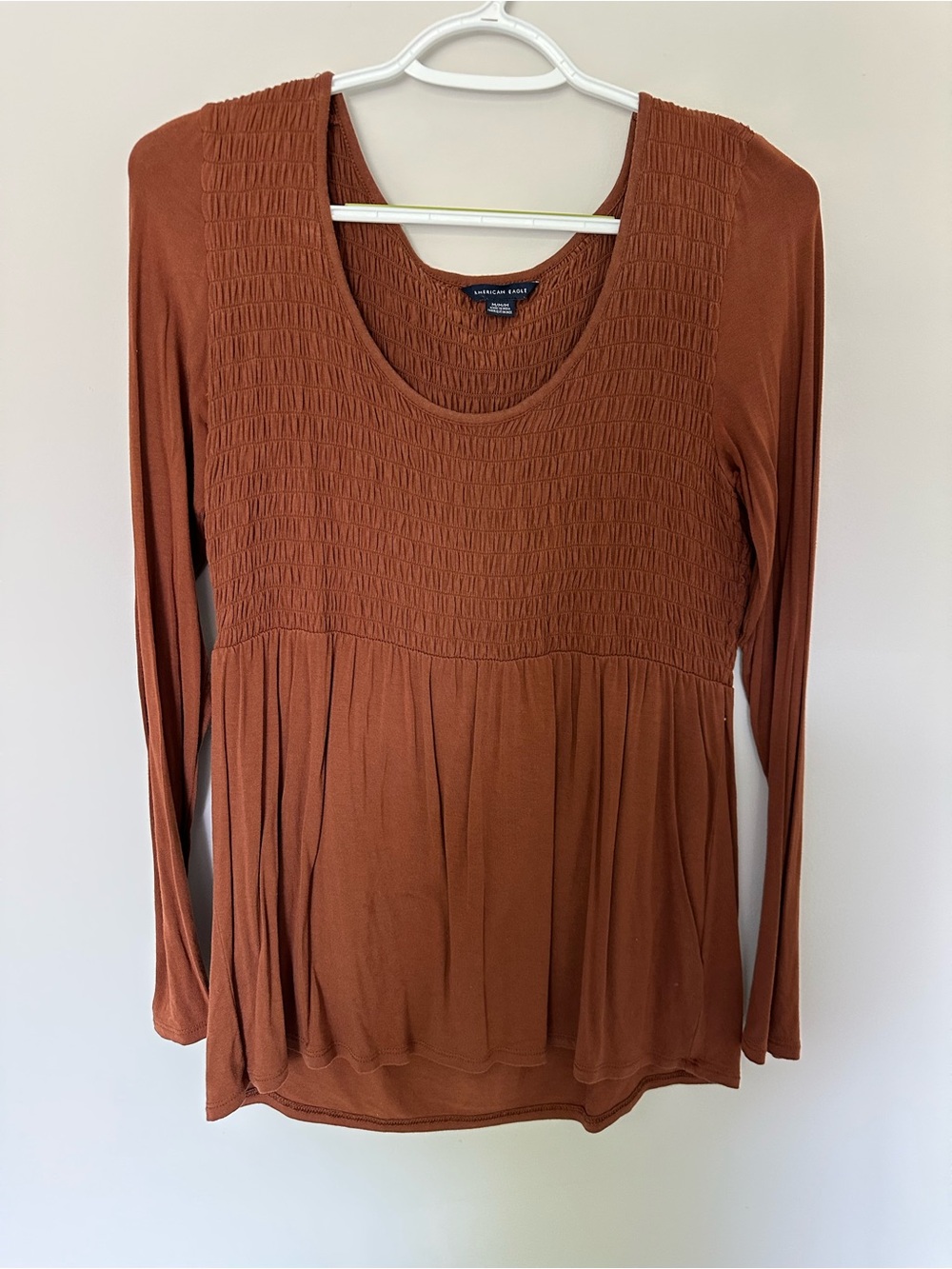American Eagle Outfitters Rust Smocked Long-Sleeve Scoop Top